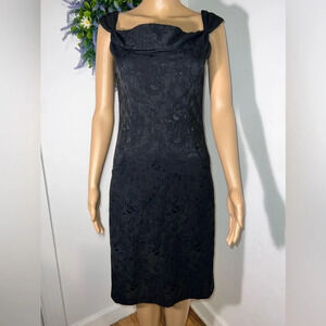 Notice, 6, black lace overlay cocktail dress‎ ruched neckline, square back, zip